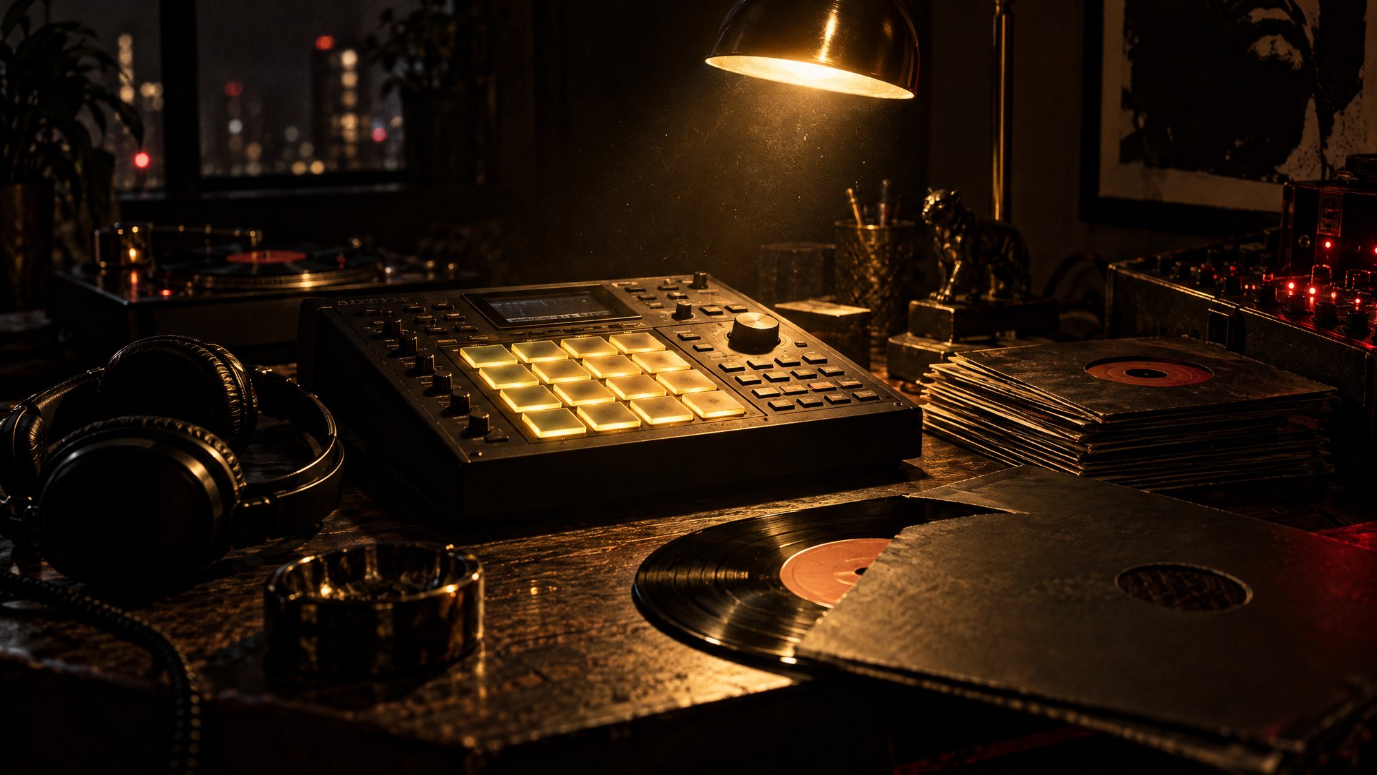 A producer's desk at night, drum machine pads glowing gold